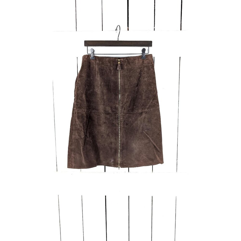 Brown suede leather zipper pencil skirt